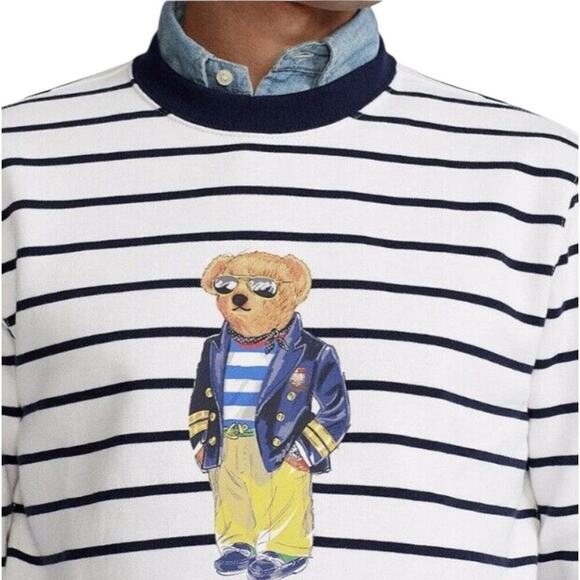 POLO RALPH LAUREN Men’s Navy Blue/White Polo Bear Striped Fleece Sweatshirt - Picture 13 of 16